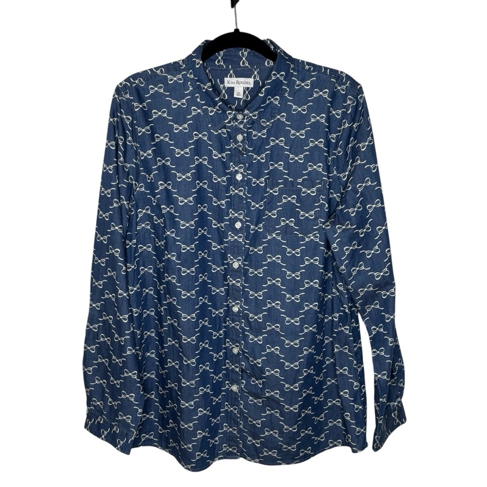 Kim Rogers Top Women’s XL Button Down Collared Navy with White Bows Shirt
